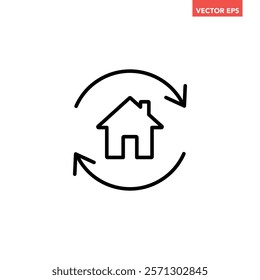 Single black house renovation line icon, simple update home with arrow flat design pictogram vector for app logo ads web webpage button ui ux interface elements isolated on white background