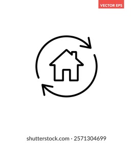 Single black house renovation line icon, simple update home with arrow flat design pictogram vector for app logo ads web webpage button ui ux interface elements isolated on white background