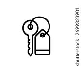 Single black key and tag hangs on a ring, presented in a minimalist style against a white backdrop, ideal for security and property concepts.