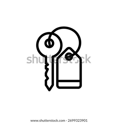 Single black key and tag hangs on a ring, presented in a minimalist style against a white backdrop, ideal for security and property concepts.