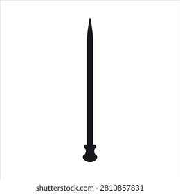 Single black knitting needle with pointed tip in isolated white background
