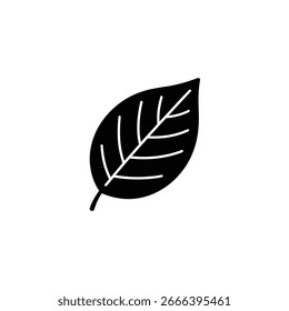 Hoja negra única ilustrada sobre un fondo blanco. Venas claramente visibles que corren a través de la hoja. Diseño minimalista, simple paleta de colores en blanco y negro, elemento gráfico aislado.