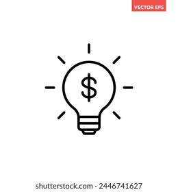 Single black light bulb with dollar mark line icon, simple financial idea graphic flat design interface infographic element for app ui ux web button, vector isolated on white background