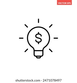 Bombilla de luz negra única con el icono de la línea de la marca del dólar, elemento de infografía de interfaz de diseño plano de la idea financiera simple para el Botón de Web ui ux del App, Vector aislado en el fondo blanco
