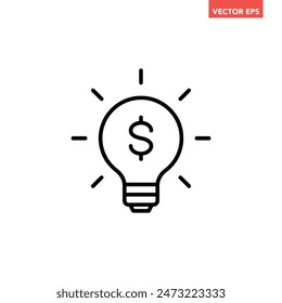 Single black light bulb with dollar mark line icon, simple financial idea graphic flat design interface infographic element for app ui ux web button, vector isolated on white background