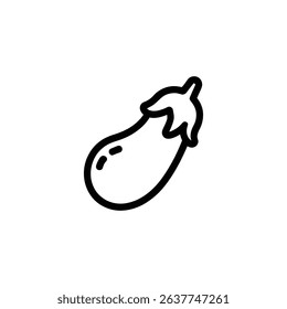 Single black line drawing of a full eggplant with a small stem with attached sepals and two small dots on the larger side, white background.