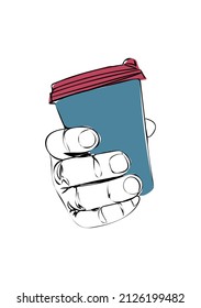Single black line drawn male hand holding out a blue paper coffee cup with a burgundy plastic lid.