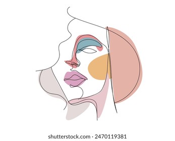 single  black line female portrait black and multi color spot white background