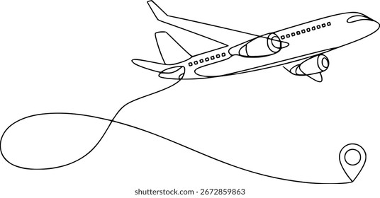 Eine einzige schwarze Linie bildet im Flug ein Flugzeug, das über eine gekrümmte Strecke mit einer Zielmarkierung verbunden ist.