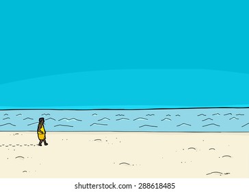 Single Black man walking along ocean waterfront