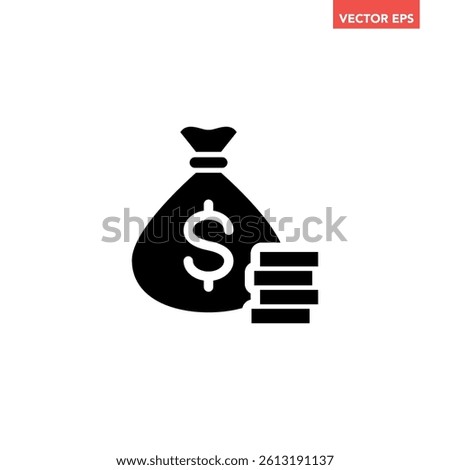 Single black money bag with stack of coins icon, simple finance flat design vector pictogram, infographic interface elements for app logo web button ui ux isolated on white background