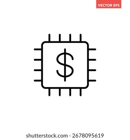 Icono de línea de procesador de dinero negro único, chip simple con marca de dólar Vector de pictograma de infografía de diseño plano para App logo anuncios Botón de Web ui ux Elementos de interfaz aislados sobre fondo blanco