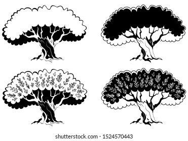 Single black olive tree with branches isolated on white background. Olive tree icon silhouette vector Illustration. Concept olive oil label or logotype for farmer shop or market.