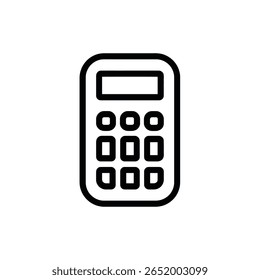 Ícone de calculadora de contorno preto simples contra branco, apresentando uma tela de exibição clara e layout de botão arredondado, simbolizando cálculo, contabilidade e ferramentas matemáticas.
