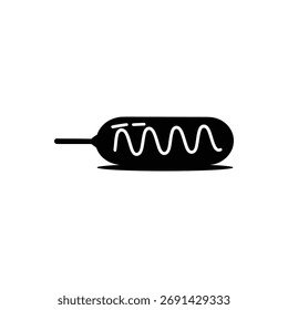 Single black outline of a corn dog silhouette. It has a stick on the left with a mustard squiggle drizzled on top. Isolated on a white background.