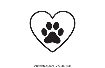 Uma única impressão de pata preta dentro de um contorno cardíaco, representando o amor animal.