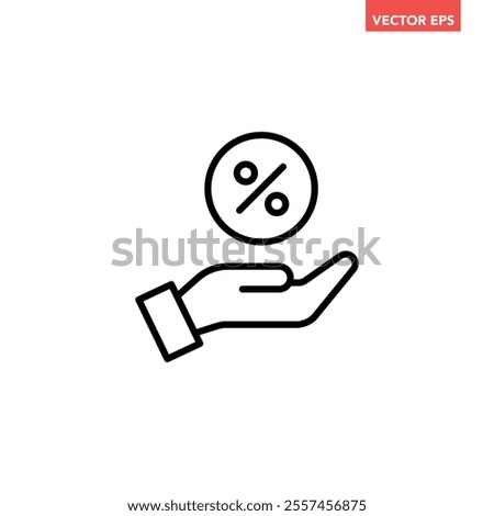 Single black percentage on hand line icon, simple commission flat design illustration pictogram for infographic interface elements for app logo web button ui isolated on white background