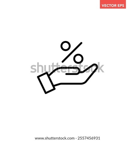 Single black percentage on hand line icon, simple commission flat design illustration pictogram for infographic interface elements for app logo web button ui isolated on white background