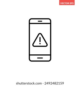 Single black phone with alert notification line icon, simple device warning flat design vector pictogram, infographic interface elements for app logo web button ui ux isolated on white background