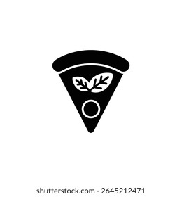 Single black pizza slice vector with two basil leaves and a topping, isolated on white. Minimalist style food icon for restaurant menus and promotions.
