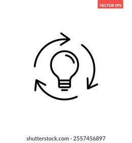 Single black recycle lightbulb line icon, simple round repeat idea arrow flat design illustration pictogram for infographic interface elements for app logo web button ui isolated on white background