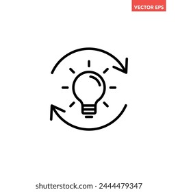 Icono negro simple de la línea de la idea de la actualización, bombilla simple con el pictograma de la ilustración del diseño plano de la flecha de la repetición para los Elementos de la interfaz de infografía para el Botón del logotipo del App Web ui aislado en el fondo blanco