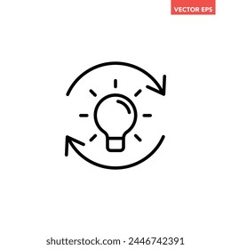 Single black refresh idea line icon, simple light bulb with repeat arrow flat design illustration pictogram for infographic interface elements for app logo web button ui isolated on white background