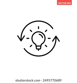 Single black refresh idea line icon, simple light bulb with repeat arrow flat design illustration pictogram for infographic interface elements for app logo web button ui isolated on white background