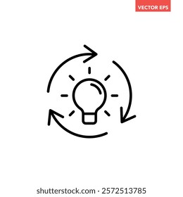 Single black refresh idea line icon, simple light bulb with repeat arrow flat design illustration pictogram for infographic interface elements for app logo web button ui isolated on white background