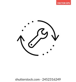 Single black repair update line wrench tool arrow cycle icon, simple flat design vector pictogram, infographic interface elements for app logo web button ui ux isolated on white background