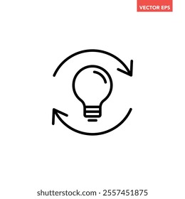 Single black replace lightbulb line icon, simple round repeat idea arrow flat design illustration pictogram for infographic interface elements for app logo web button ui isolated on white background