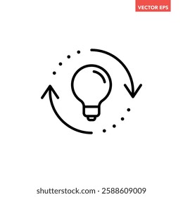 Single black replace lightbulb line icon, simple round repeat idea arrow flat design illustration pictogram for infographic interface elements for app logo web button ui isolated on white background