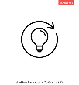 Single black replace lightbulb line icon, simple round repeat idea arrow flat design illustration pictogram for infographic interface elements for app logo web button ui isolated on white background