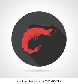 Single black round flat color design vector icon with red silhouette shrimp for seafood menu on gray background with long shadows.