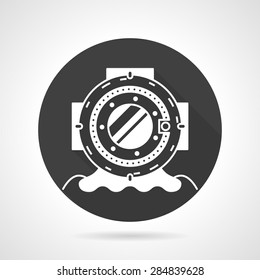 Single black round flat design vector icon with white contour old style depth diving helmet on gray background.