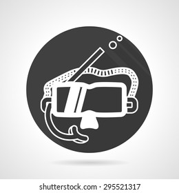Single black round flat vector icon with white contour snorkeling mask with pipe on gray background.