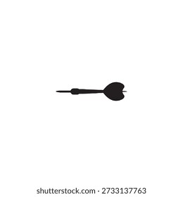 A single, black silhouette of a dart is centered against a plain white background. The dart is shown in a horizontal orientation, pointing to the right. It features a sharp point at one end and a stylized, heart-shaped flight at the other, presented in a minimalist graphic style.