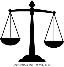 A single black silhouette exhibits scales of justice, symbolizing fairness and impartiality, sitting symmetrically on a white backdrop, creating a stark, striking visual representation of equilibrium.
