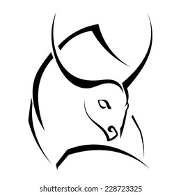 Single black silhouette of  a horned bull on a white background. Logo, trademark farm. Vector illustration. 