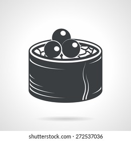 Single black silhouette icon for sushi roll with caviar on white background. Seafood menu