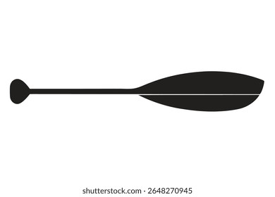 Uma silhueta preta única de uma pá de caiaque é mostrada contra um fundo branco A pá é representada em uma visão de perfil lateral simples com uma lâmina ligeiramente curvada. O estilo é minimalista e gráfico.