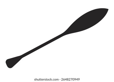 Uma única silhueta preta de uma pá de caiaque é mostrada contra um fundo branco. A pá é inclinada diagonalmente através da imagem. O estilo é simples e minimalista.