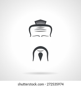 Single black silhouette vector icon for ethnic japanese chef face features on white background.
