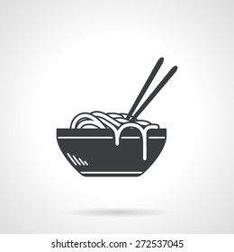 Single Black Silhouette Vector Icon For Bowl With Ramen Or Noodles With Two Chopsticks On White Background