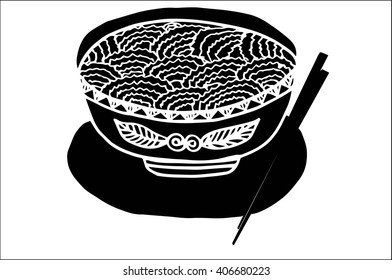 Single black silhouette vector icon for bowl with noodles with two chopsticks on white background, hand drawing