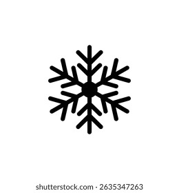 Single black snowflake outline graphic centered on a white background. Winter season symbol, ice crystal, cold weather. Simple flat icon design.