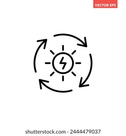 Single black solar energy generator line icon, simple natural power charge flat design pictogram, infographic illustration for app logo web button ui ux interface elements isolated on white background