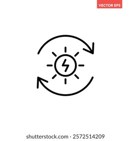 Single black solar energy generator line icon, simple natural power charge flat design pictogram, infographic illustration for app logo web button ui ux interface elements isolated on white background