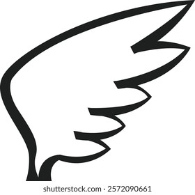 Single black stylized bird wing rising in elegant flight, representing freedom, hope and spirituality, ideal for logos, icons and graphic designs