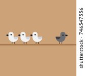 Single black unique bird perching on wire aside of many white ones. Exclusion, discrimination and bullying concept. Flat design cute vector illustration.. Flat design cute vector illustration.
